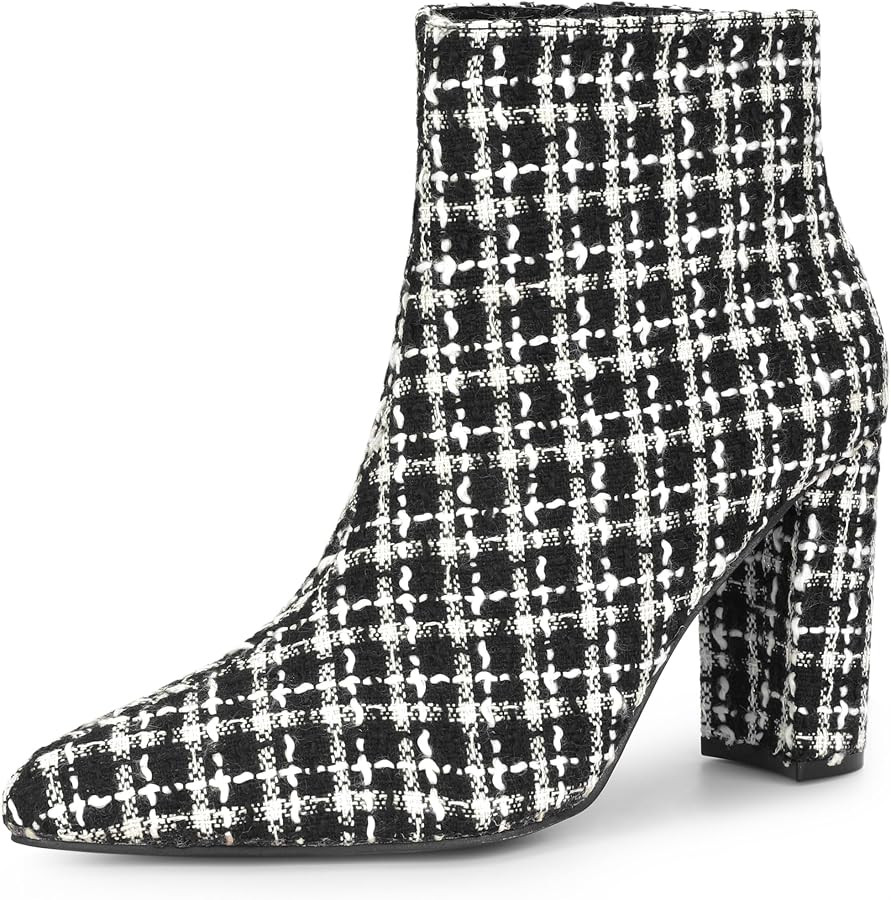 Perphy Tweed Ankle Boot Pointy Toe Chunky Heel Plaid Boots for Women | Amazon (US)