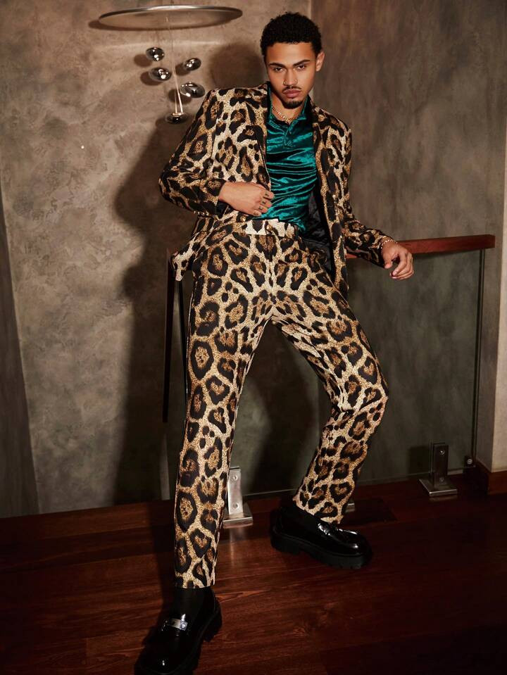 Manfinity NiteLyfe 2pcs/Set Men's Knitted Leopard Print Long Sleeve Suit Jacket And Pants | SHEIN