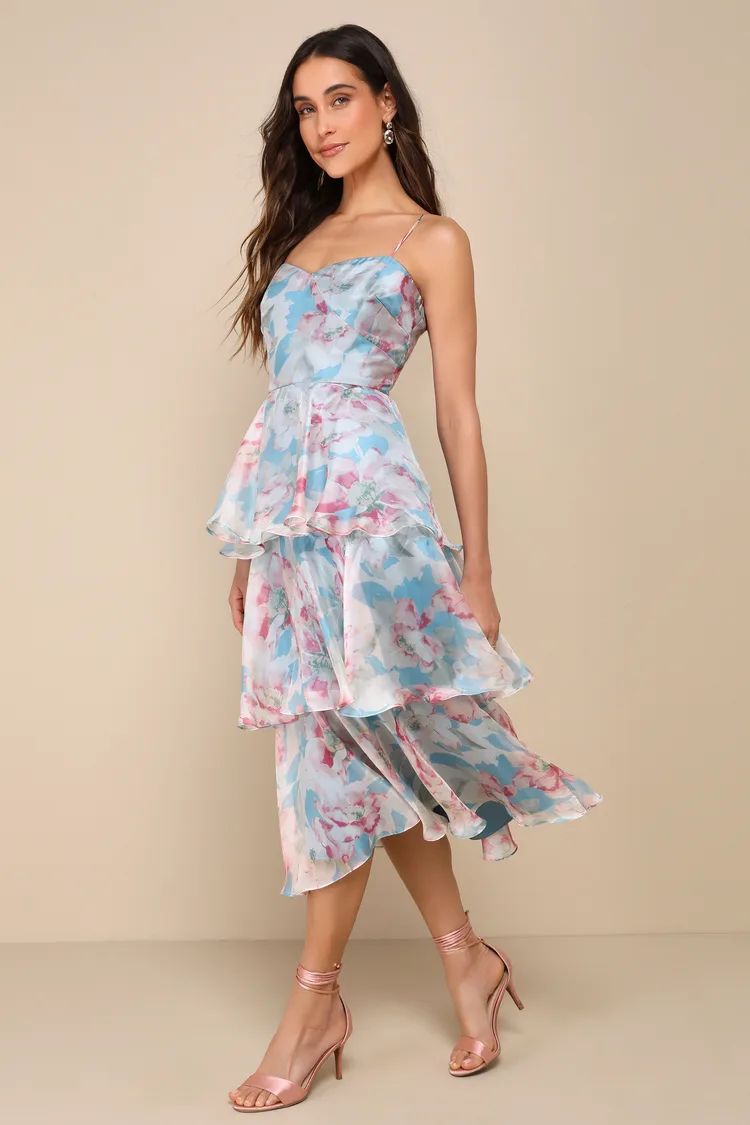 Darling Aesthetic Light Blue Floral Print Tiered Midi Dress | Lulus
