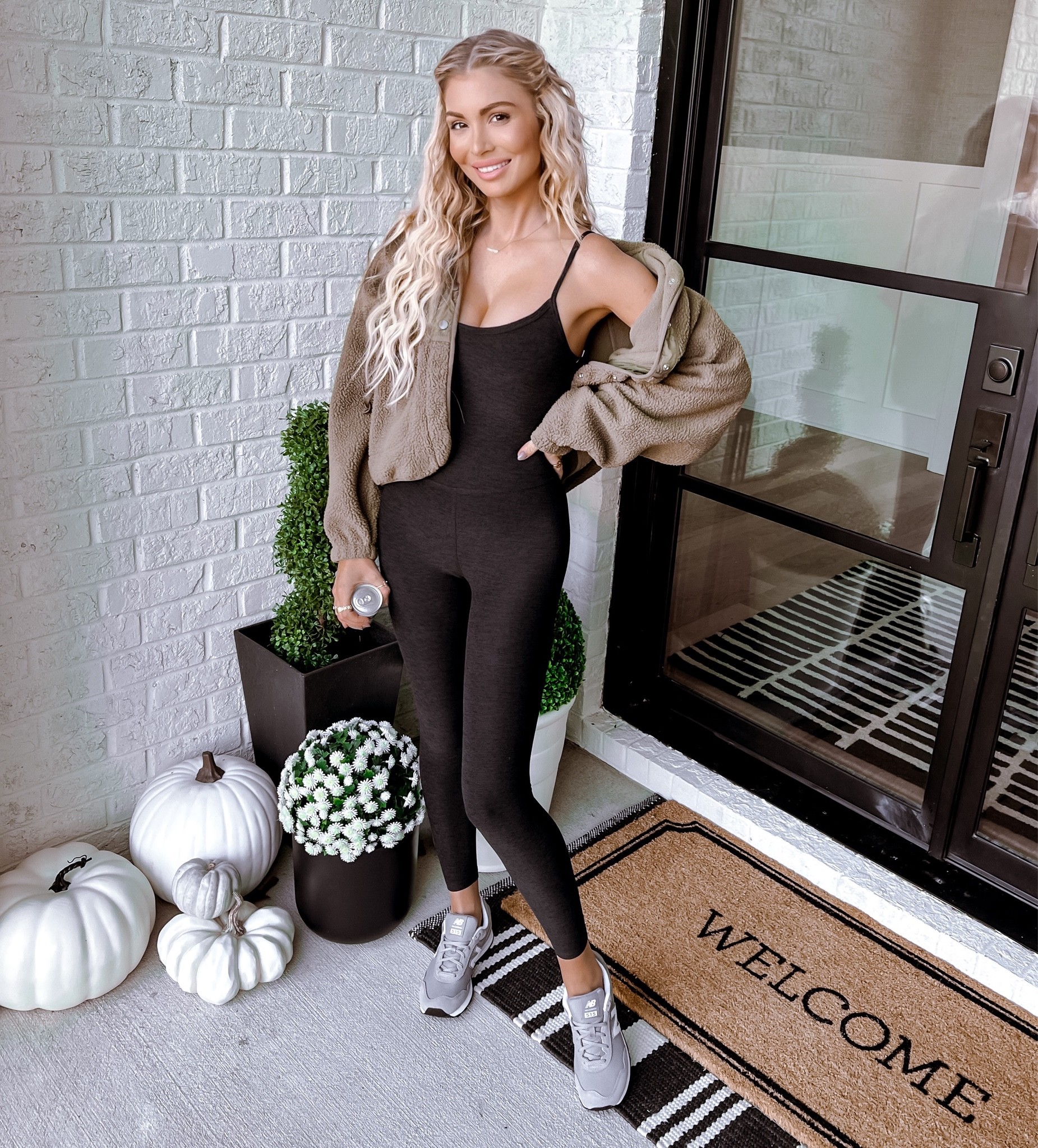 Fall activewear bodysuit unitard beyond yoga workout casual jacket free people green casual warm comfy new balance sneaker grey 