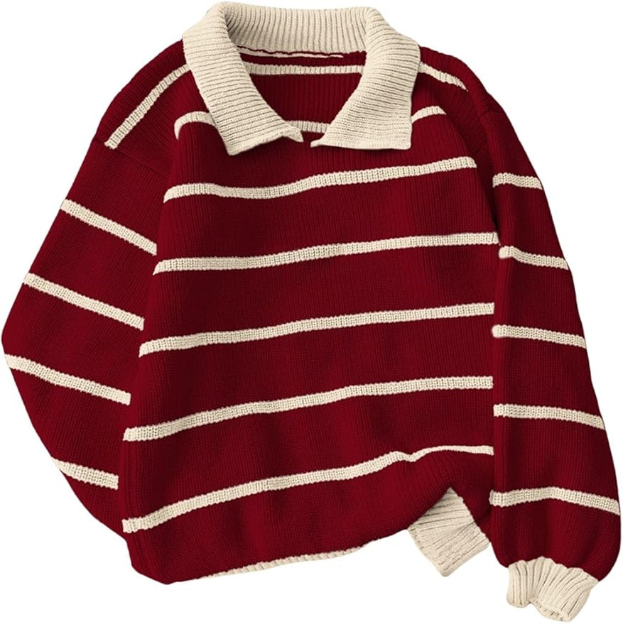 Floerns Women's Collared Striped Sweaters Preppy Oversized Knit Fall Pullover Sweater | Amazon (US)
