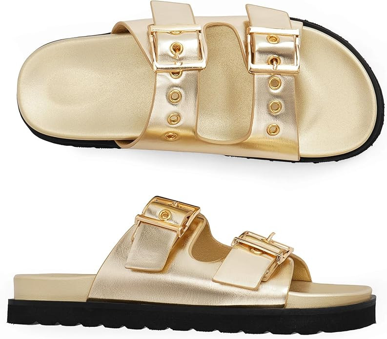 Womens Flat Slide Sandals Double Buckle Adjustable Flat Sandals Slip On Platform Sandals Open Toe... | Amazon (US)