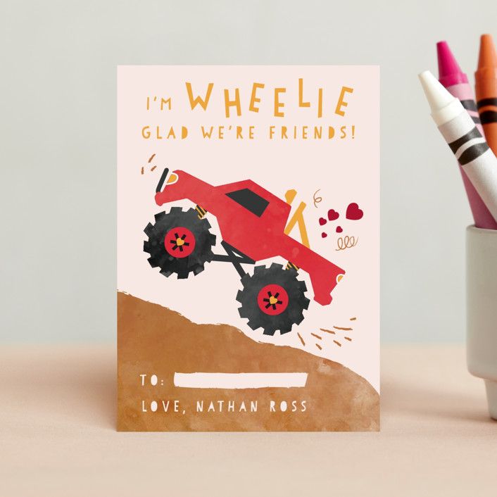 "wheelie truck" - Customizable Classroom Valentine's Cards in Red by Kanika Mathur. | Minted