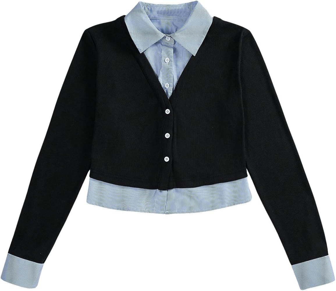 MakeMeChic Women's Striped Print Rib Knitted Long Sleeve Collar Neck Button Down Shirt Blouse Top... | Amazon (US)