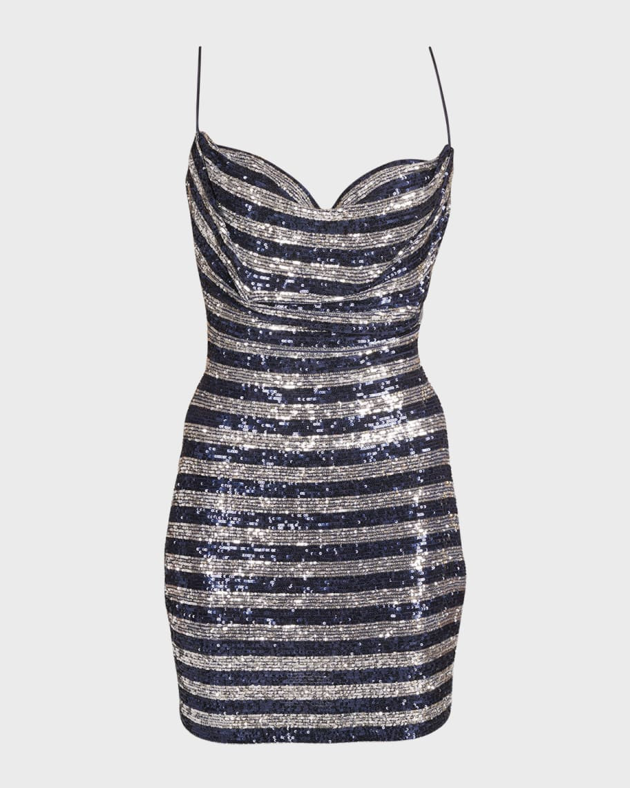 Balmain Sequin Striped Cowl-Neck Mini Dress | Neiman Marcus