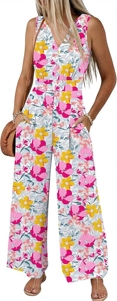 ANRABESS Women Jumpsuits 2026 Casual Sleeveless V Neck Wide Leg Jumper Romper Beach Vacation Clot... | Amazon (US)