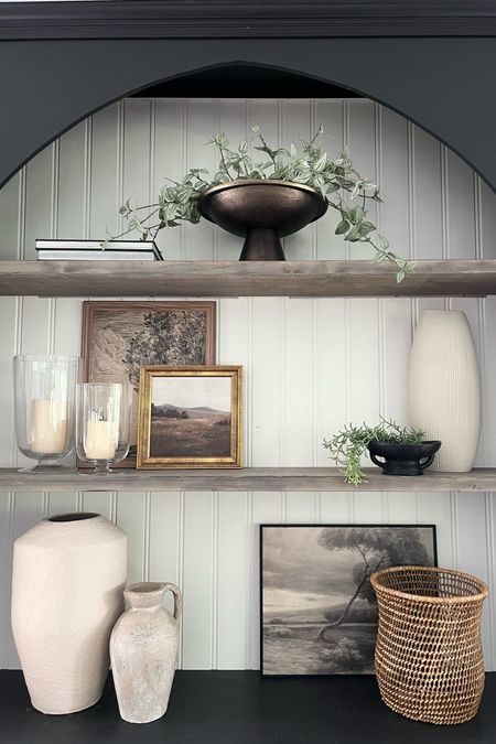 Shelf styling : light and neutral with a slight mood. 
I love the trailing stems I have in my pedestal bowl at the top ..such a cute look! 
Affordable home decor, modern organic 

#LTKhome