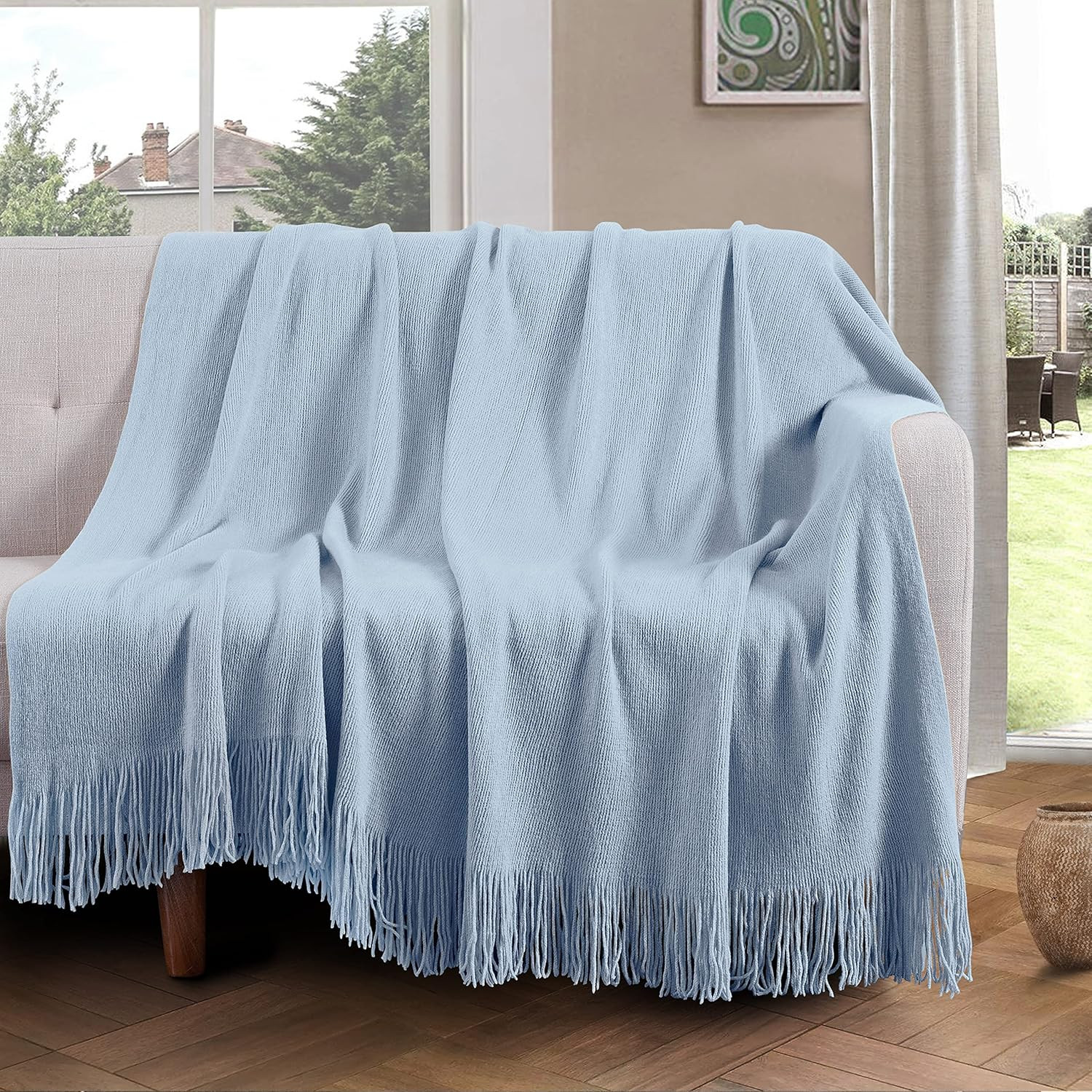 Vonty Light Blue Knitted Blanket with Tassels Fringe 50" x 60", Super Soft Knit Throw Blanket, Fa... | Amazon (US)