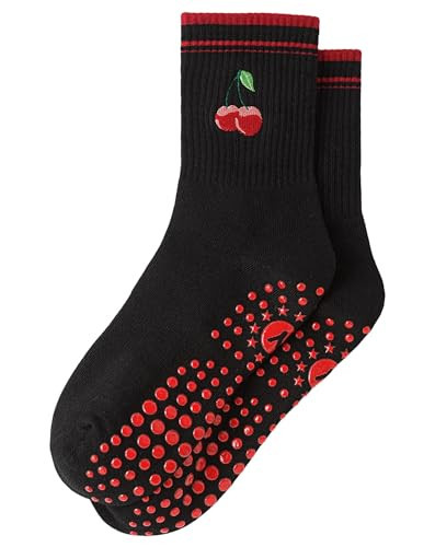 Yawlsow Pilates Grip Socks for Women Yoga Grippy Socks Cute Barre Non Skid Athletic Crew Sticky Sock Workout Hospital (US, Alpha, One Size, Regular, Regular, 1 Pack-Black-Cherry) | Amazon (US)