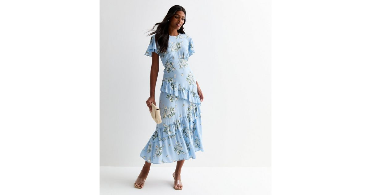 Blue Floral Flutter Sleeve Asymmetric Ruffle Midi Dress | New Look | New Look (UK)