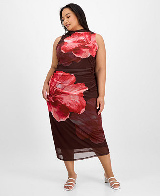 Madden Girl Trendy Plus Size Ruched Floral-Print Mesh Dress - Macy's | Macy's