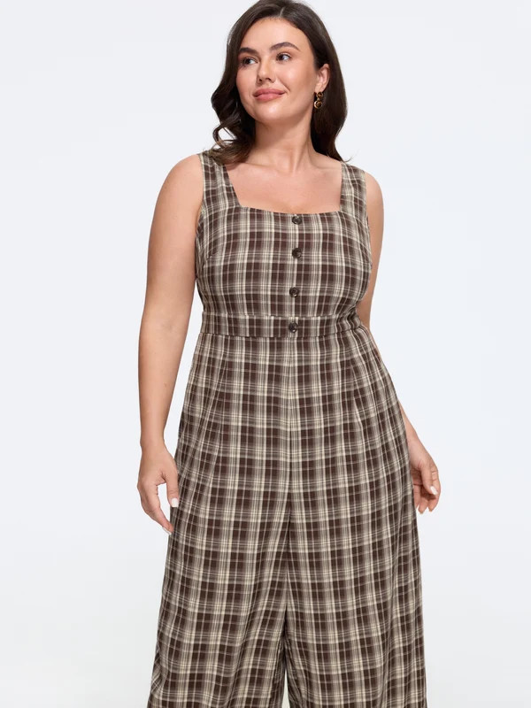 Square Neck Plaid Pocket Wide Leg Jumpsuit | Bloomchic