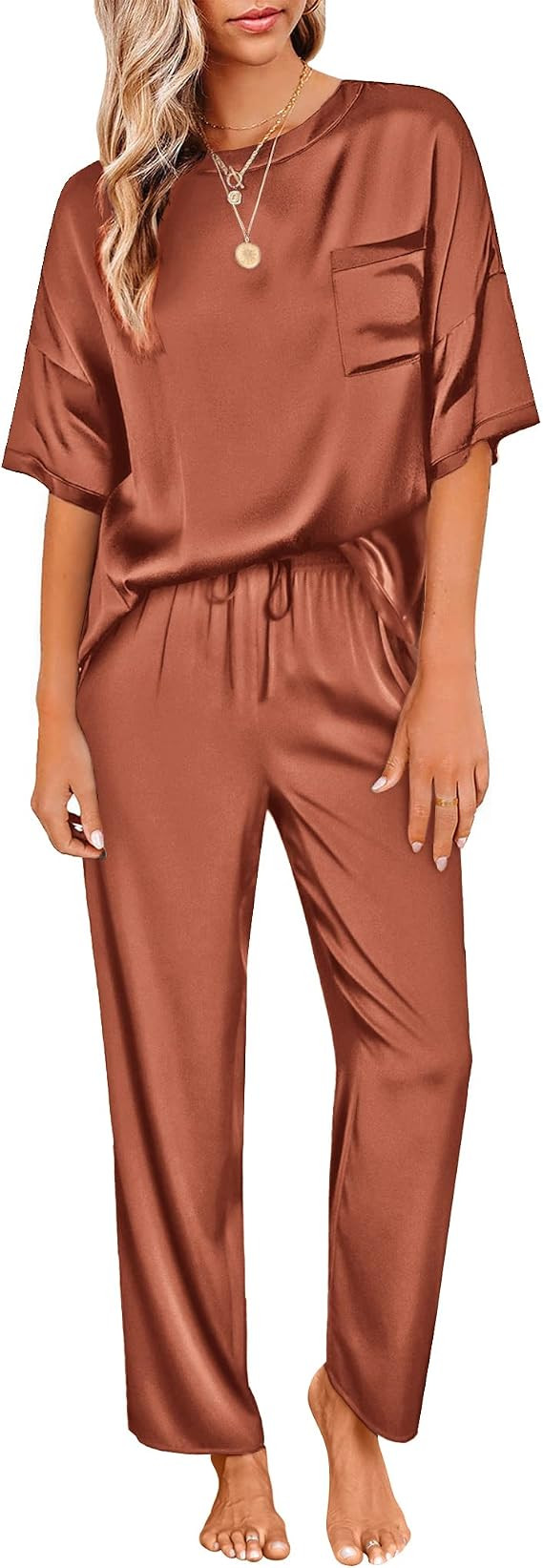 Ekouaer Womens Satin Silky Pajama Set Short Sleeve Shirt with Long Pajama Pant Set ... | Amazon (US)