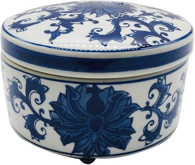Blue & White China Floral Pattern Chinoiserie Round Ceramic Storage Box Jewelry Trinkets Organize... | Amazon (US)