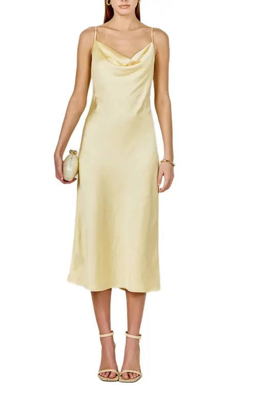 Endless Rose Satin Midi Dress in Lemon at Nordstrom, Size Medium | Nordstrom