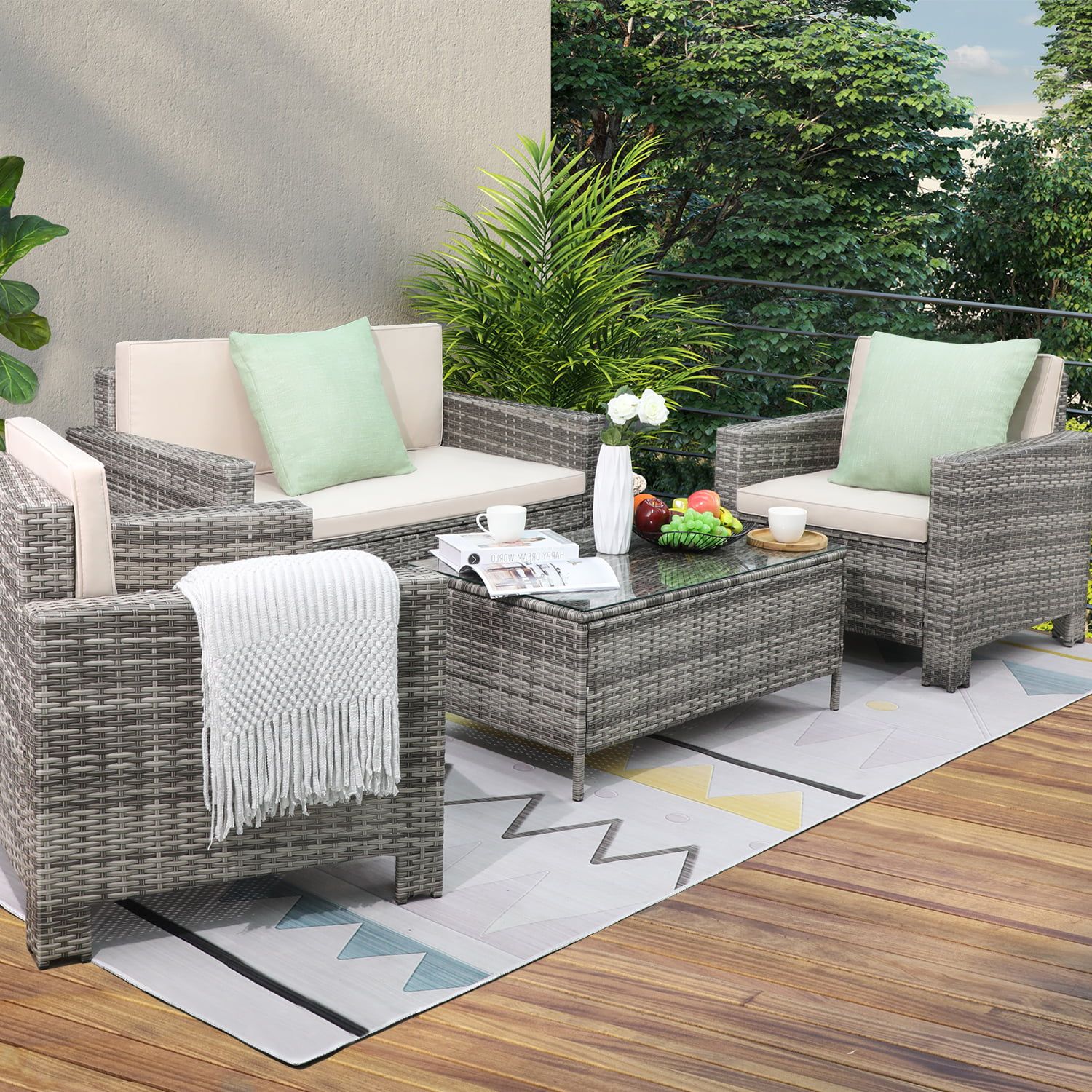 LACOO 4-Piece Grey Wicker Outdoor Patio Conversation Set with Beige Cushions | Walmart (US)