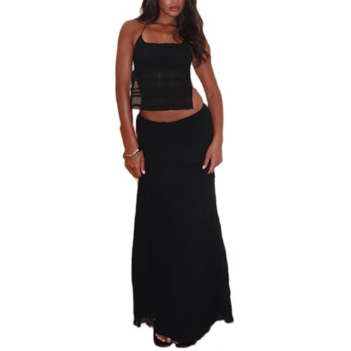 Women Maxi Skirt Set Y2k Sleeveless Backless Halter Top + Drawstring Bodycon Long Skirt Summer 2 Piece Skirt Outfits A Black | Amazon (US)