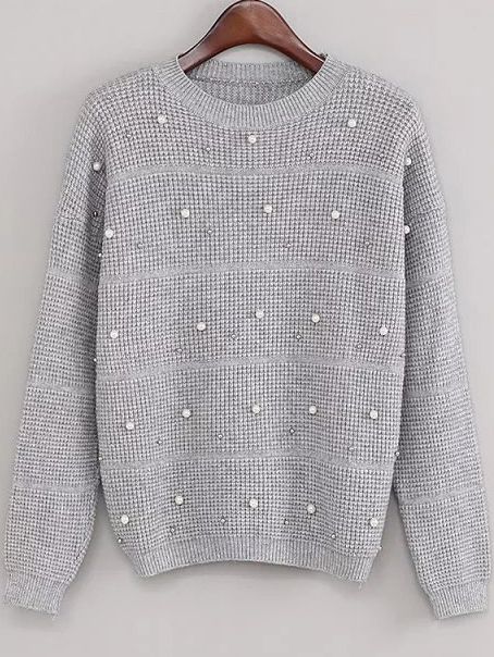 Grey Drop Shoulder Beaded Sweater | SHEIN