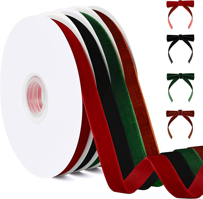 Christmas Velvet Ribbon Set 3/8" x 40 Yards – 4 Colors Red, Green, Black & Brown Soft Velvet Ri... | Amazon (US)