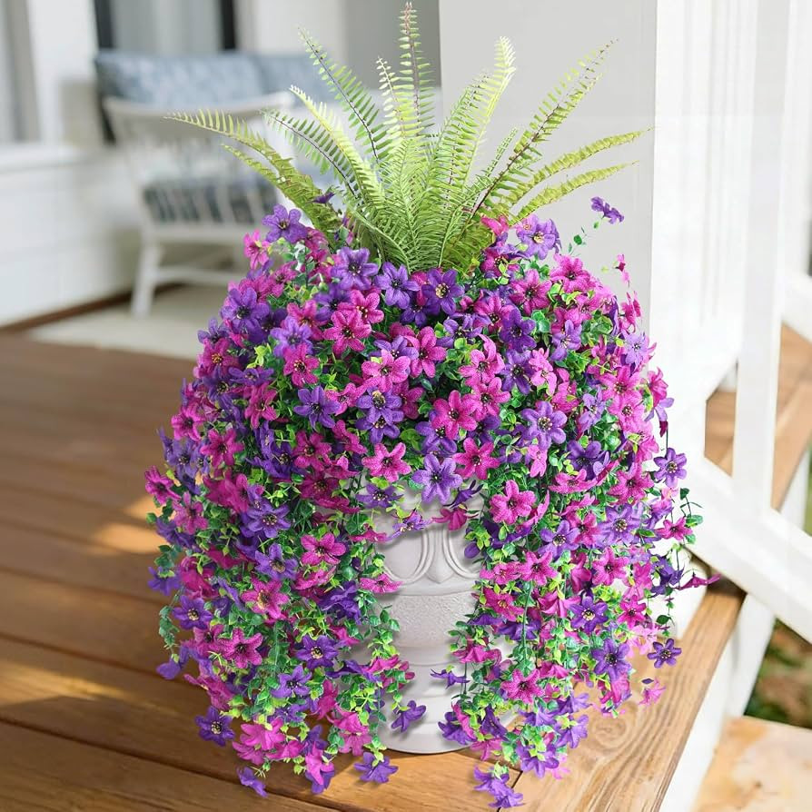 Artificial Fake Flowers Plants for Outdoor Decoration,3 Pcs Faux Hanging Flowers with Boston Fern... | Amazon (US)