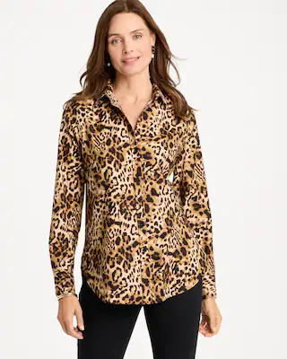 Women's Animal Print No Iron Stretch Shirt in Black | Chico's | Chico's