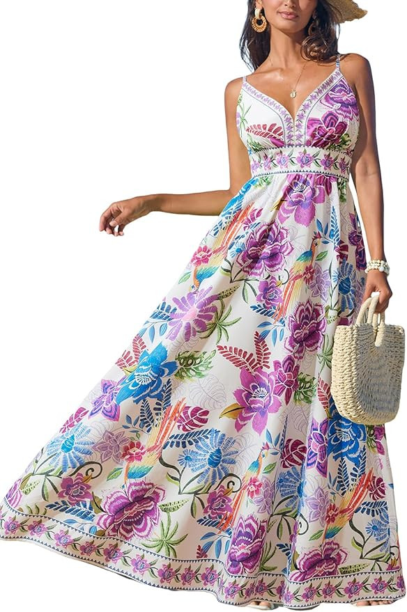 CUPSHE Women's Summer Dresses Casual Spring V Neck Sleeveless Floral Beach Vacation Long Spaghett... | Amazon (US)