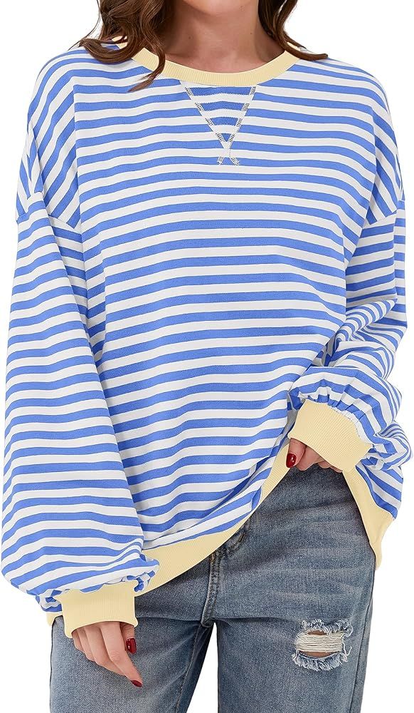 Striped Shirt Women Oversized Sweatshirt Color Block Long Sleeve Crew Neck Sweatshirt Loose Pullo... | Amazon (US)