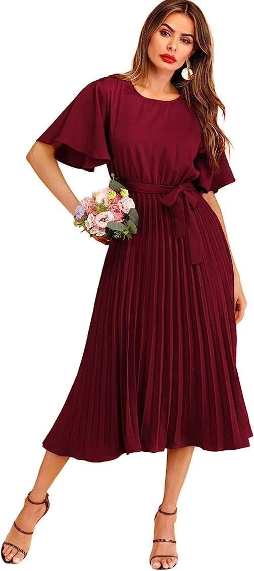 Milumia Women's Elegant Belted Pleated Flounce Sleeve Long Dress | Amazon (US)