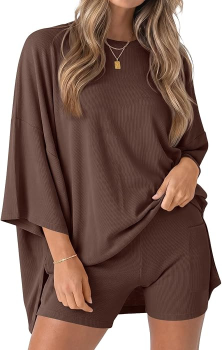 Fisoew Womens 2 Piece Lounge Set Ribbed Oversized T-Shirt Biker Shorts | Amazon (US)