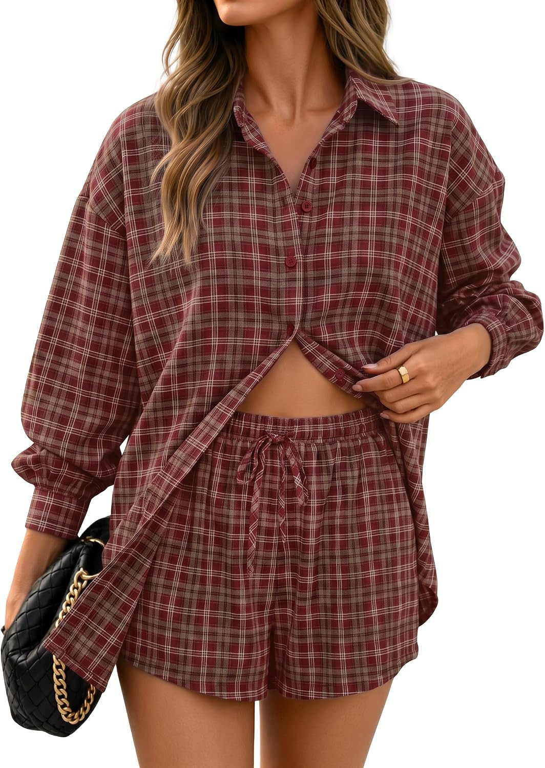 ZESICA Womens 2 Piece Long Sleeve Striped Plaid Casual Fall Shorts Sets | Amazon (US)