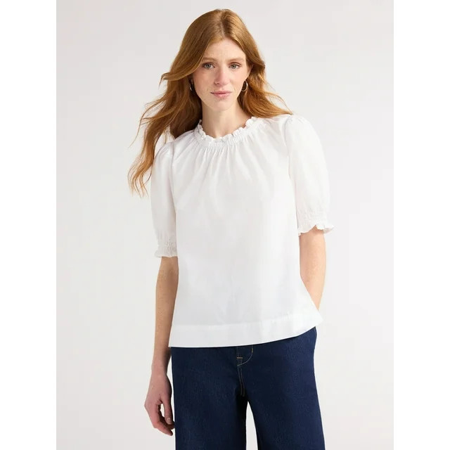 Free Assembly Women's Cotton Ruffle Top with Puff Sleeves, White, Sizes XS-XXL | Walmart (US)