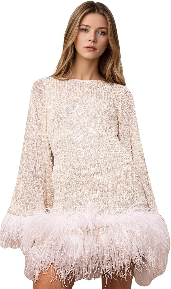 Mini Sparkly Dress Sequin Long Sleeve with Feather Splice Mesh Sexy Fitted Cocktail Dresses Party... | Amazon (US)