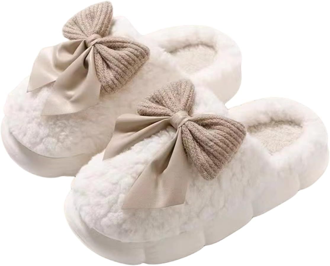 FRZTOUR Plush Cute Bow Slippers for Women – Furry Comfy Indoor Outdoor Non-Slip House Slippers | Amazon (US)