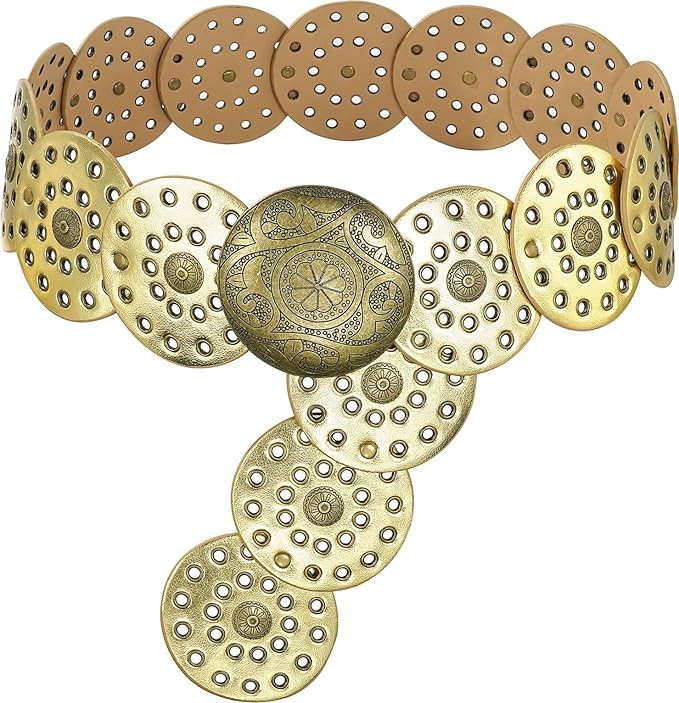 Wide Disc Belt for Women Vintage Hollow Boho Leather Belt Western Chunky Waist Belt Cowboy Metal ... | Amazon (US)