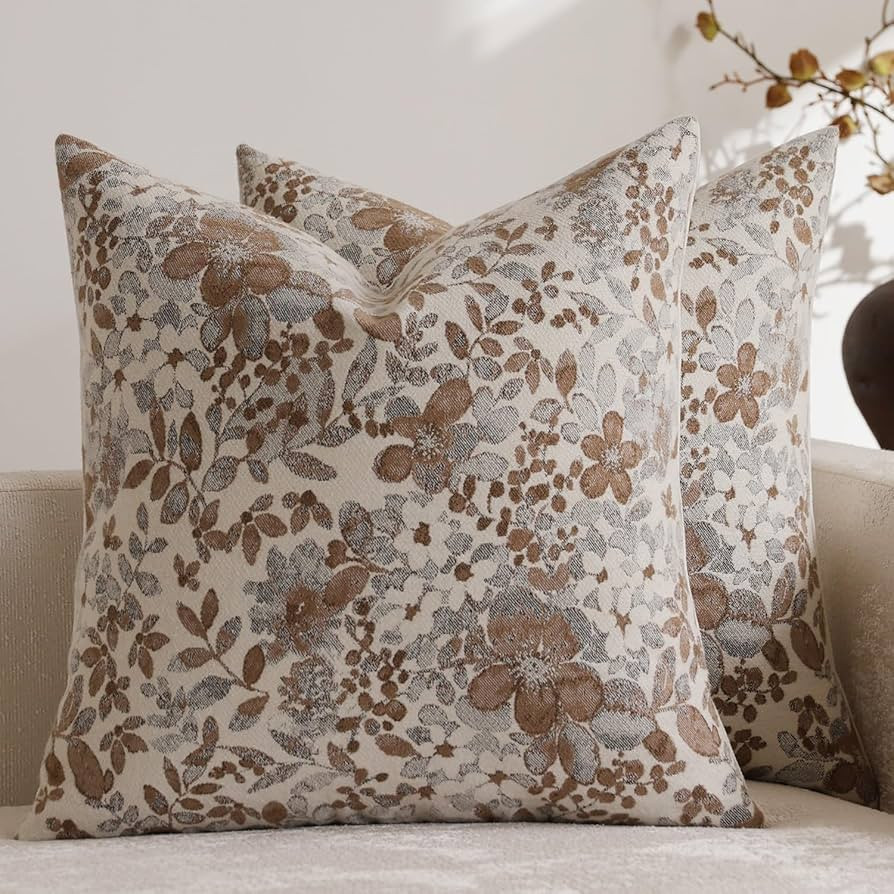 Vintage Floral Throw Pillow Covers 20x20 Pack of 2 Country Farmhouse Accents Chenille Jacquad Dec... | Amazon (US)