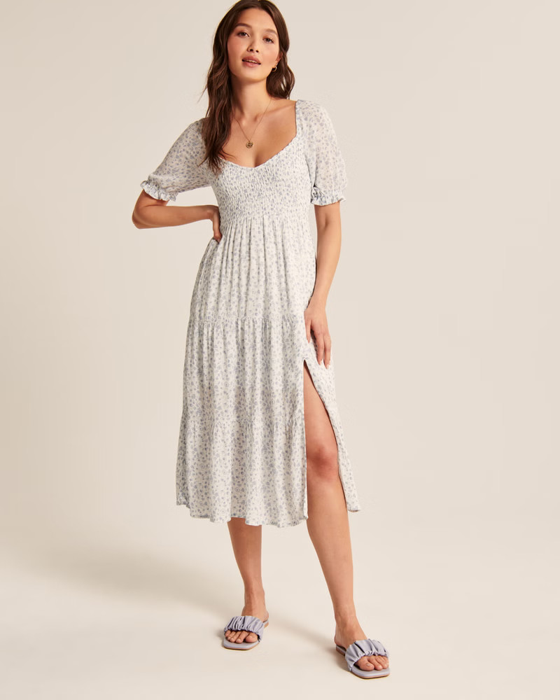 Short-Sleeve Smocked Midi Dress | Abercrombie & Fitch (US)
