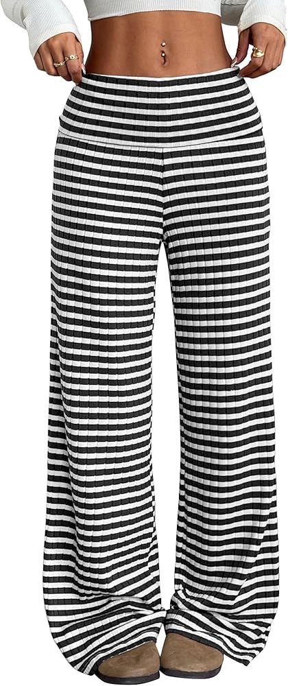 ZAFUL Women's Striped Pants Casual Fold Waist Wide Leg Pants Lightweight Comfy Stretchy Loose Lou... | Amazon (US)