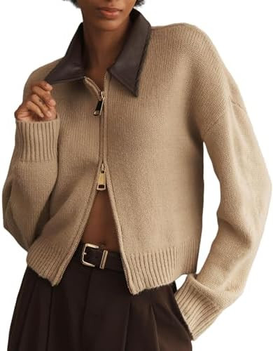 Womens Cropped Cardigan Sweaters Fall Winter Zip Up Lapel Collared Long Sleeve Open Front Chunky ... | Amazon (US)