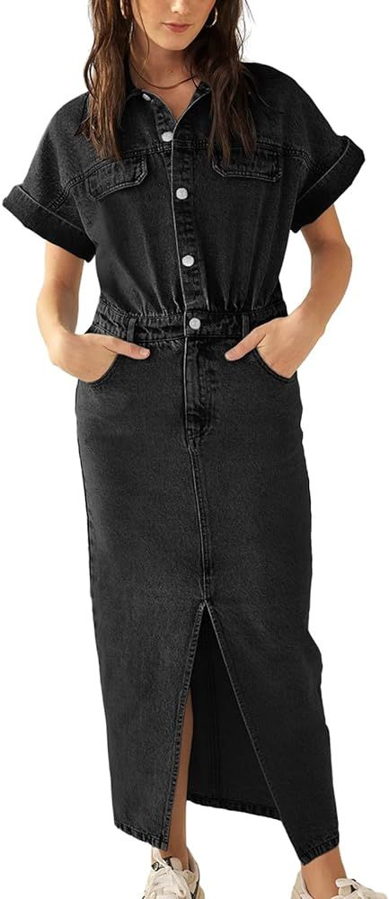 Fisoew Womens Denim Maxi Dress Casual Short Sleeve Collared Split Front Summer Jean Dresses | Amazon (US)