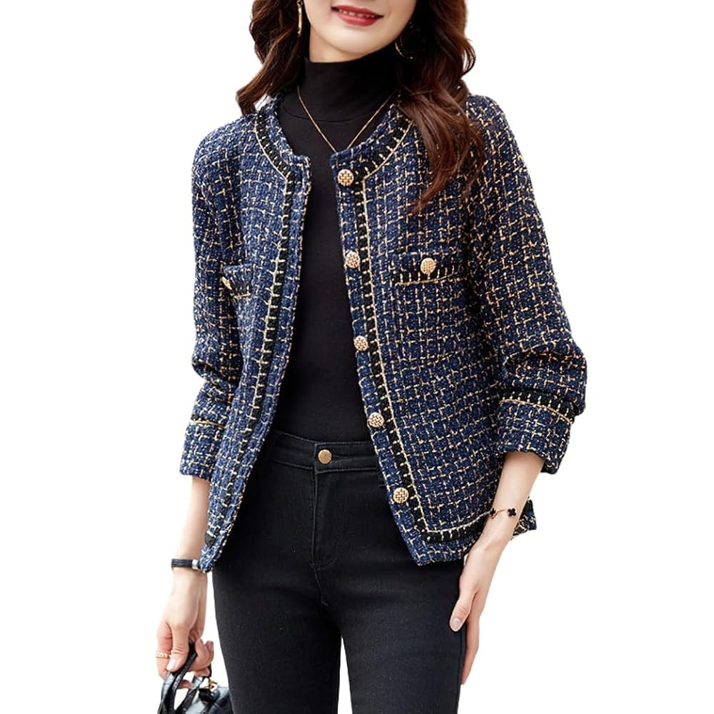 chouyatou Women’s Fall Elegant Business Casual Plaid Tweed Blazer Jacket Open Front Dressy Twee... | Amazon (US)