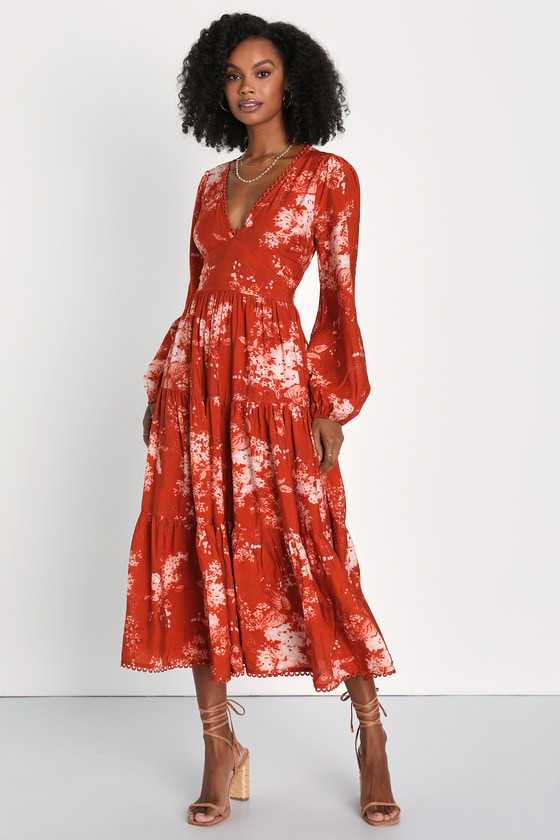 Striking Impression Orange Floral Print Tiered Midi Dress | Lulus (US)