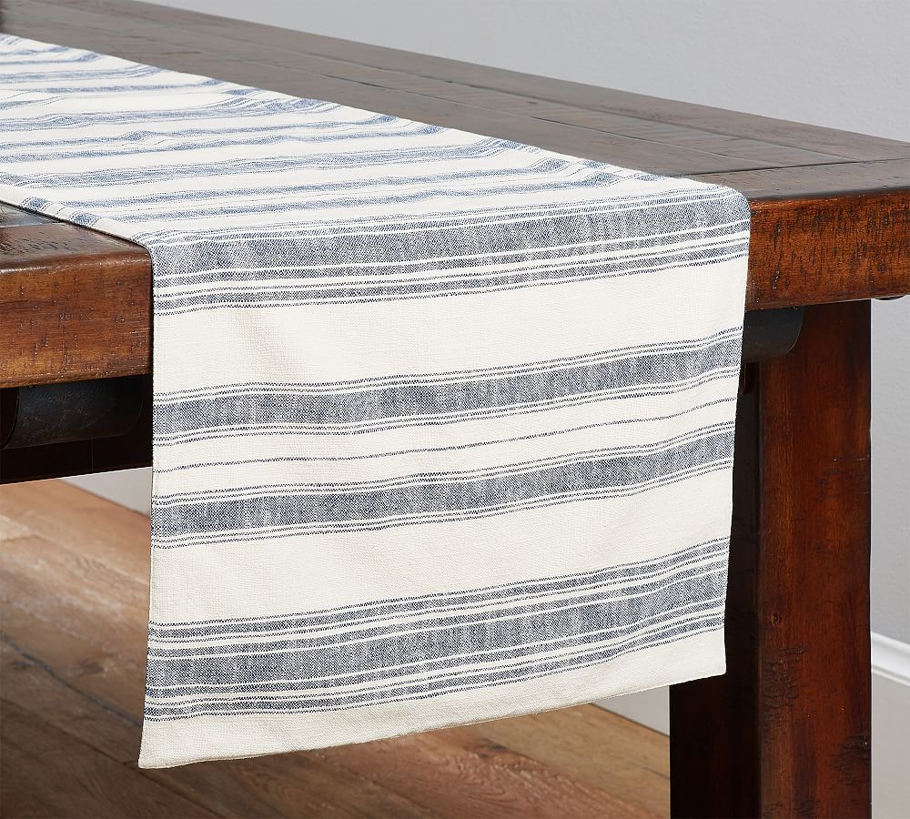 French Striped Organic Cotton Table Runner - Navy/Flax | Pottery Barn (US)
