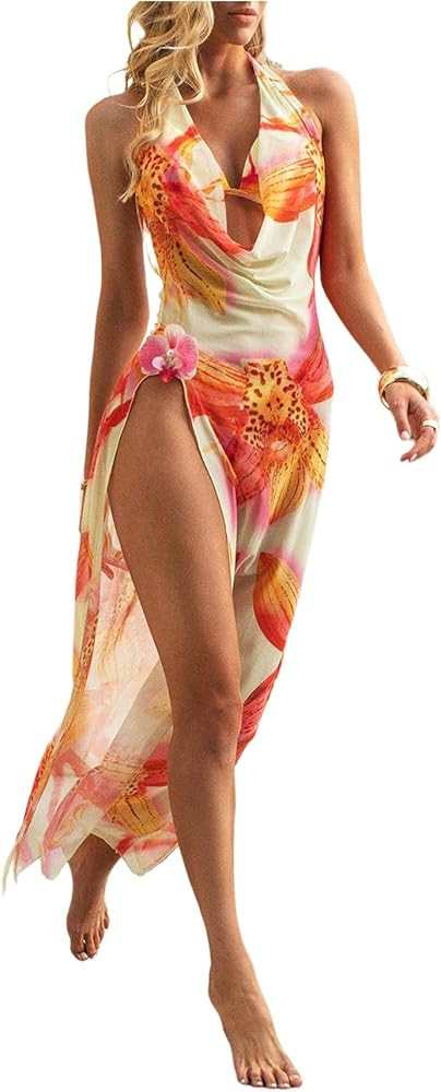 Milumia Women's 3 Piece Floral Bikini Sets Tie Backless Halter Swimsuit with Draped Beach Dress | Amazon (US)