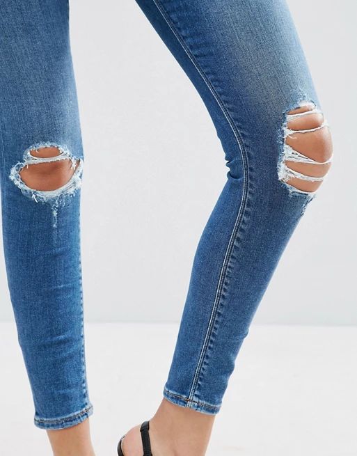 ASOS RIDLEY Skinny Jeans In Roy Dark Stonewash with Busted Knees | ASOS US