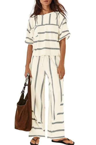 Nirovien Womens Striped Lounge Set 2 Piece Vacation Sets Short Sleeve Tops and Wide Leg Pants Tra... | Amazon (US)