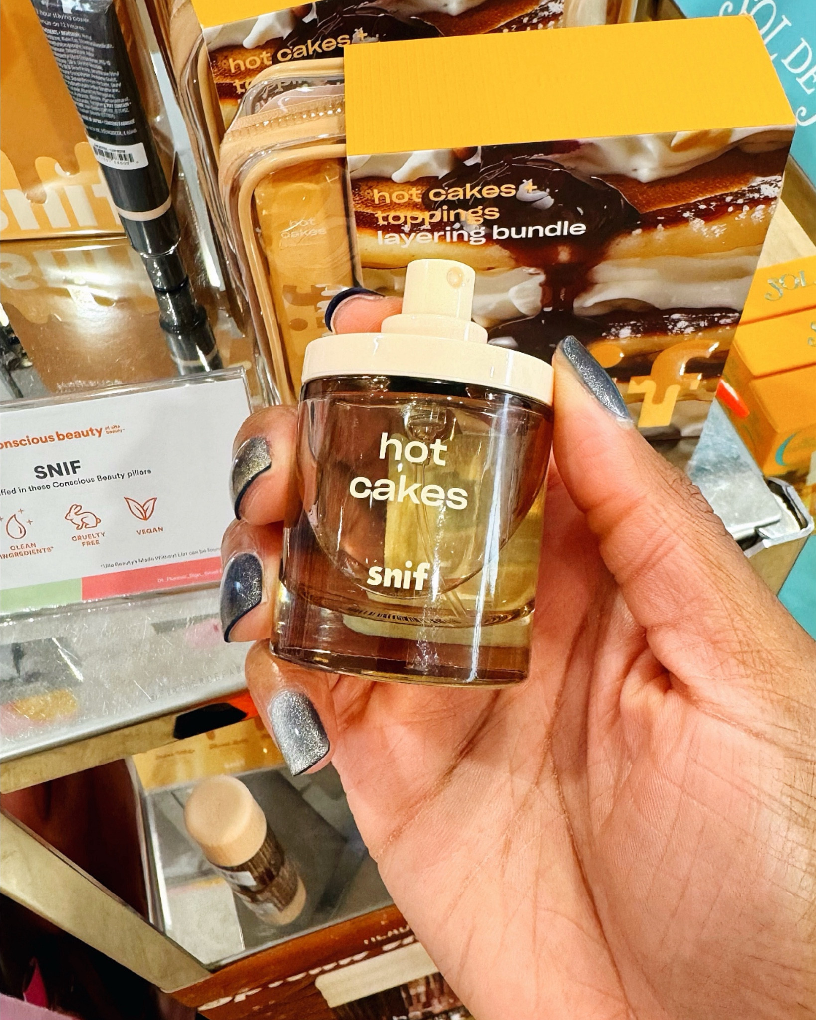I tried the Snif “Hot Cakes” perfume while I was at Ulta, and it smells so good! 😍 It’s a gourmand that reminds me of Sticky Dates by Lush (which I’m allergic to, so I’m thinking this may be a good alternative for me).

The notes of this perfume are: Maple Syrup, Melted Butter, Berry Compote, Buttermilk, Pancake Accord, Sugared Musk.

They also have some layering sprays that you can use with it to customize your scent.

#LTKFindsUnder100 #LTKBeauty