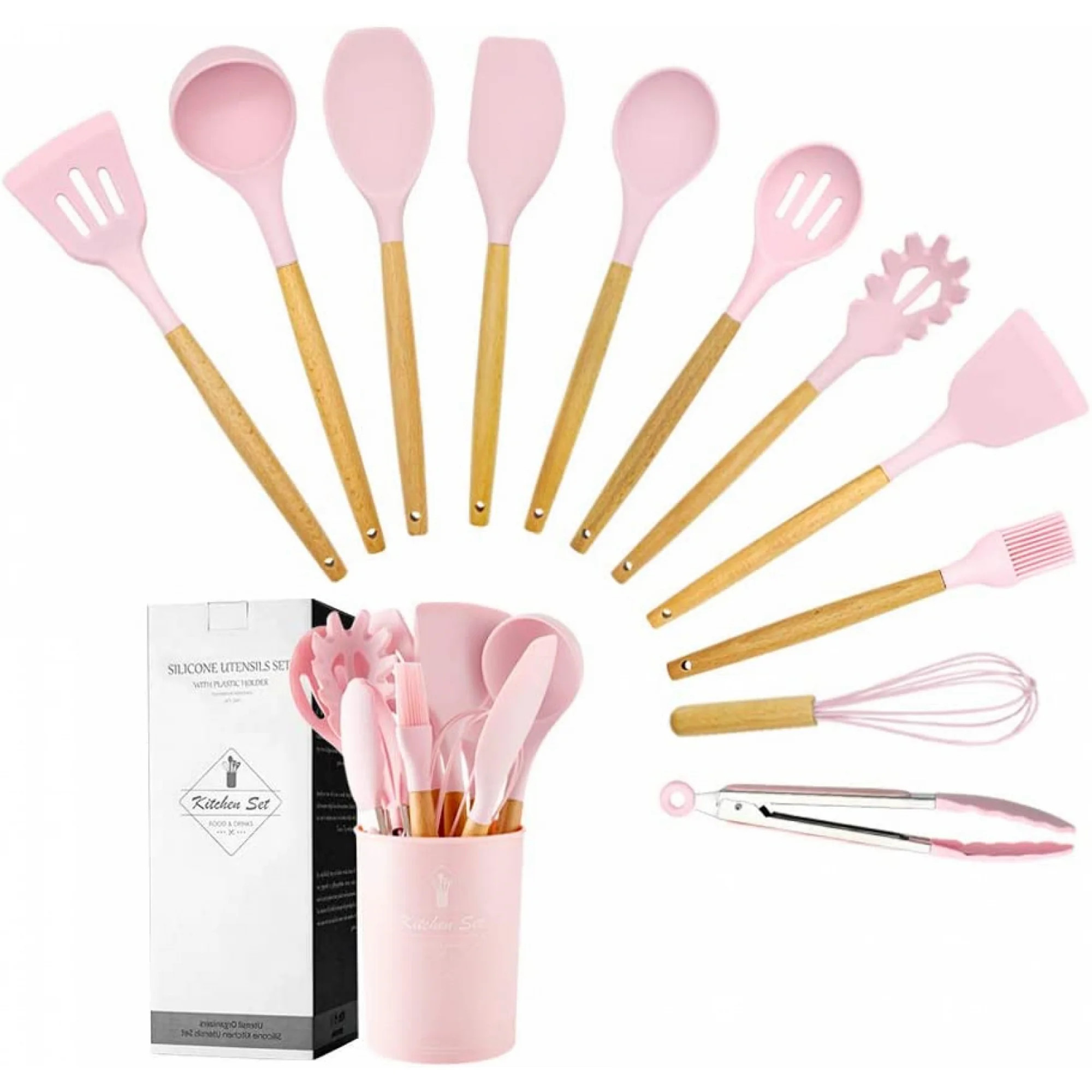 Caliamary Pink Silicone Kitchen Utensil Set, 11 Pieces Cooking Utensil with Wooden Handles, Utens... | Walmart (US)