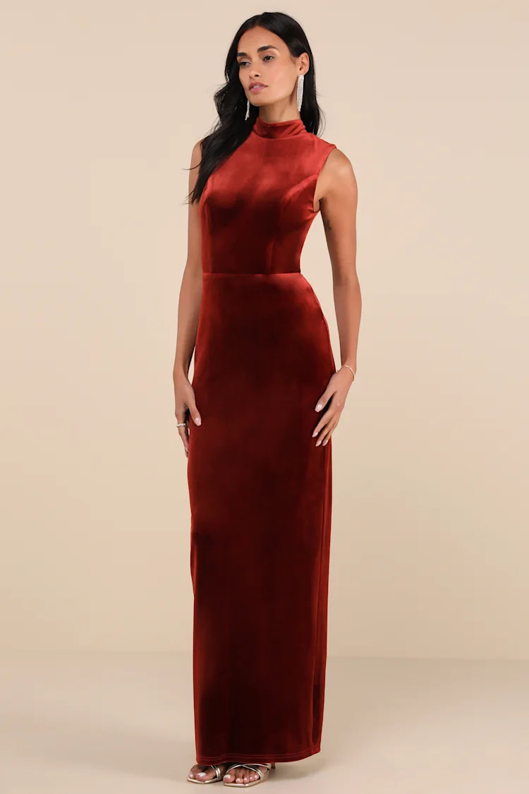 Notorious Stunner Rust Velvet Maxi Dress Velvet Gown Fall Gown Winter Gown Winter 2025 Outfits | Lulus