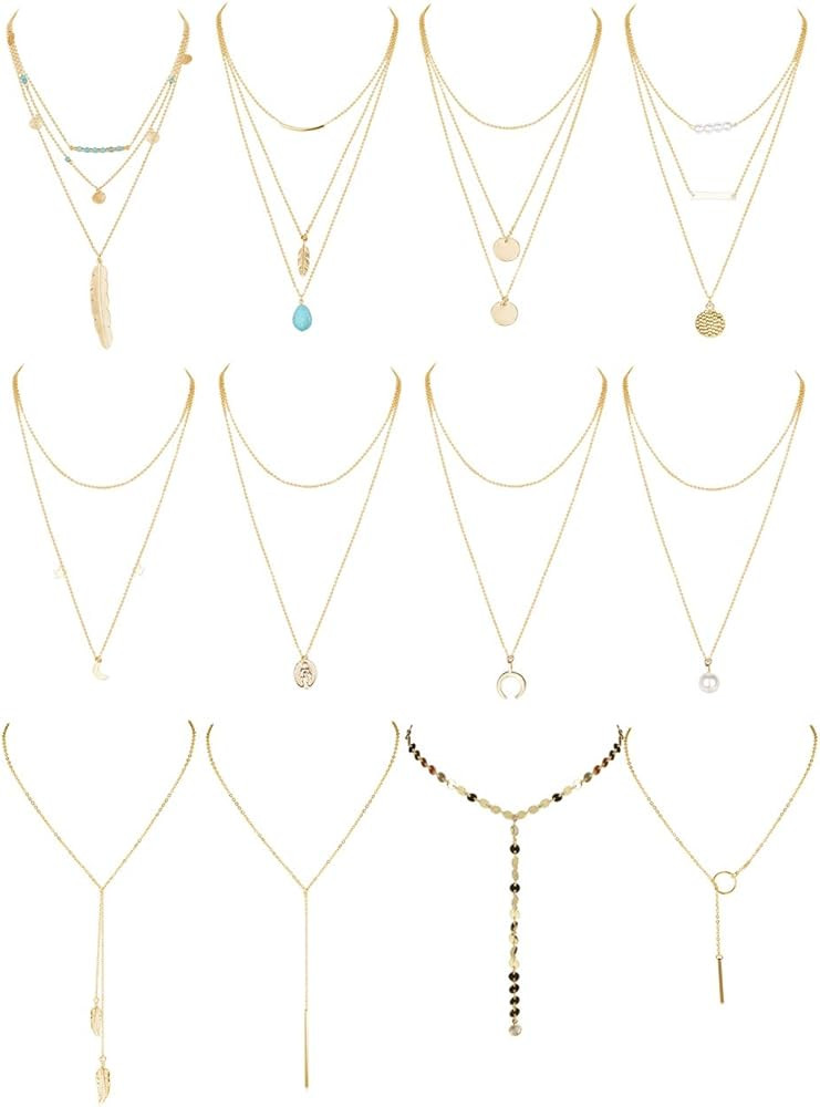 Florideco 12Pcs Layered Necklaces Set for Women Feather Pearl Long Choker Crescent Moon Pendant M... | Amazon (US)
