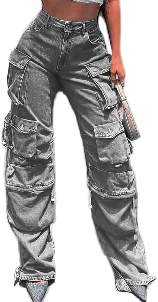 Women Cargo Pants Baggy Wear-Resistant High Waisted Denim Pants Straight Wide Leg with Multi-Pock... | Amazon (US)